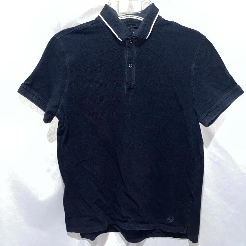 Massimo Dutti Men's Navy Blue Polo Shirt Size Small Short Sleeve White Edge Line